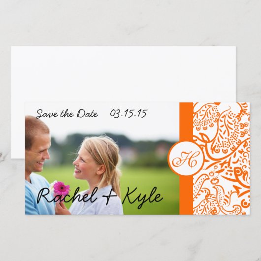 Love Birds Orange Damast Save the Date (Voorkant / Achterkant)