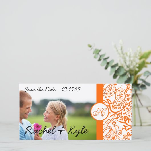 Love Birds Orange Damast Save the Date (Staand voorkant)