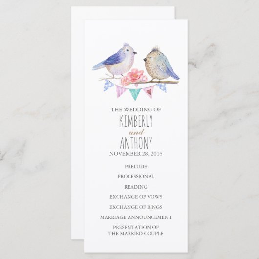 Love Birds paar huwelijksprogramma's Programmakaart (Voorkant / Achterkant)