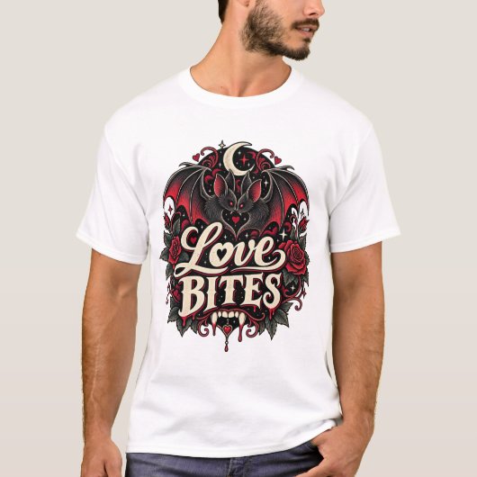 Love Bites Gotische Vampier Vleermuis Romantisch T-shirt (Voorkant)