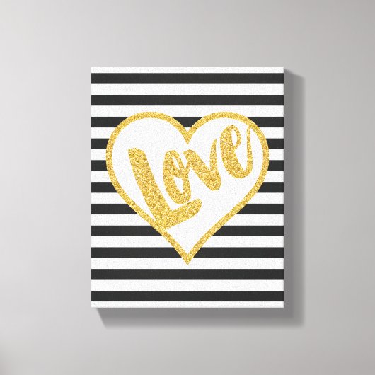 Love Black & White Gold Glitter Stripes Canvas Afdruk (Voorkant)