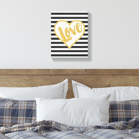 Love Black & White Gold Glitter Stripes Canvas Afdruk (Insitu (Slaapkamer))