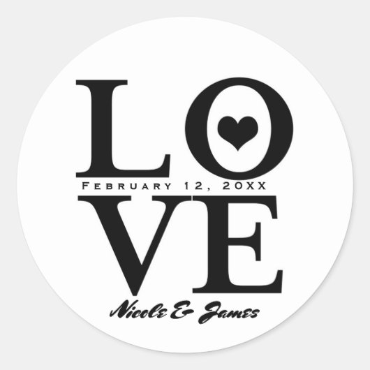 LOVE Black & White Modern Chic Wedding Favor Ronde Sticker (Voorkant)