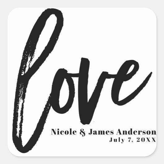LOVE Black White Modern Typography Wedding Favor Vierkante Sticker (Voorkant)