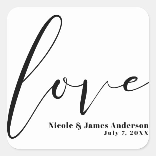 LOVE Black White Modern Typography Wedding Favor Vierkante Sticker (Voorkant)