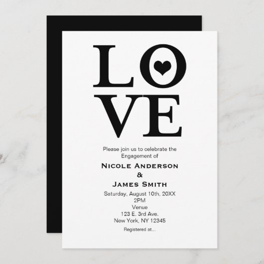 LOVE Black & White Wedding Verloving Uitnodigingen (Voorkant / Achterkant)