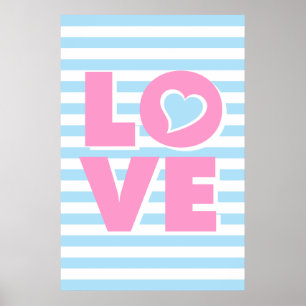 LOVE, blauw hart, Typografie-poster, Valentijn Poster