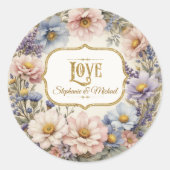 LOVE Bloemtypografie Roze Blauw en Goud Ronde Sticker (Voorkant)