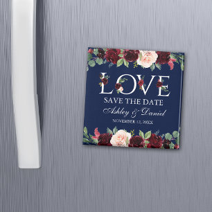 Love Blue Burgundy Waterverf Floral Save the Date Magneet