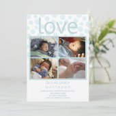 Love Blue Polka Dot 4 Foto Baby Adoption Aankondiging (Staand voorkant)