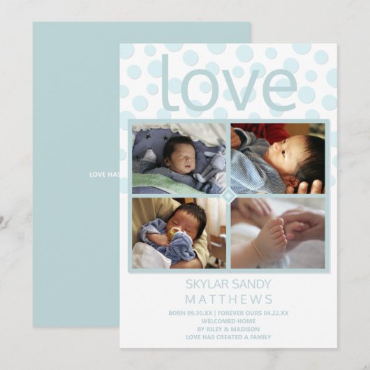 Love Blue Polka Dot 4 Foto Baby Adoption Aankondiging (Voorkant / Achterkant)
