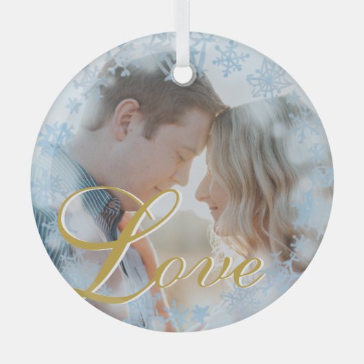 Love Blue Snowflakes Lijst Persoonlijke foto Glas Ornament (Voorkant)