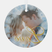 Love Blue Snowflakes Lijst Persoonlijke foto Glas Ornament (Achterkant)