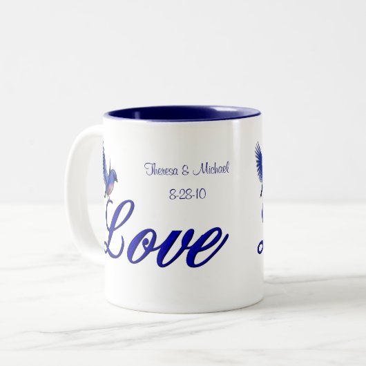 Love Bluebird Personalized Wedding Tweekleurige Koffiemok (Voorkant links)