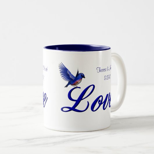 Love Bluebird Personalized Wedding Tweekleurige Koffiemok (Voorkant rechts)