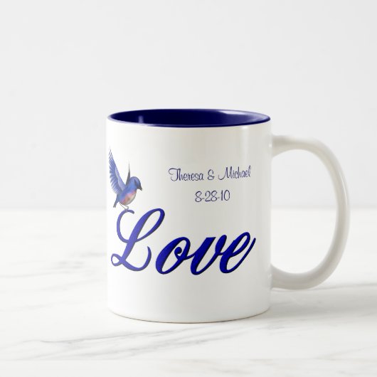 Love Bluebird Personalized Wedding Tweekleurige Koffiemok (Rechts)