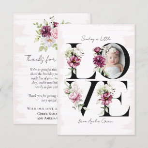 LOVE Blush Floral Baby Girl's Verjaardagsgast Bedankkaart