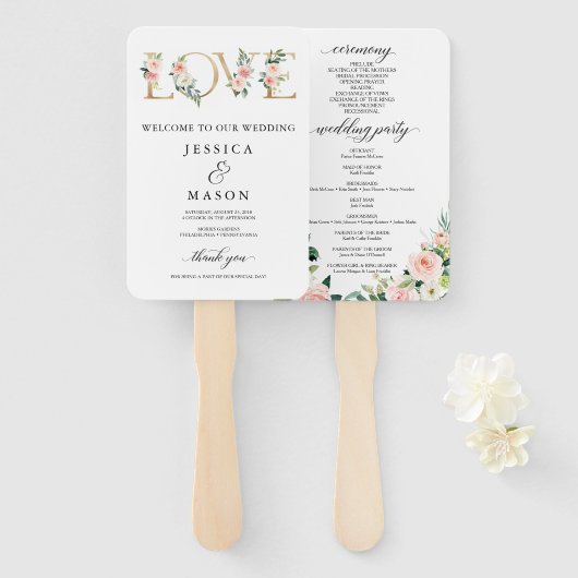Love Blush Florals Wedding Programme Fan Handwaaier (Voorkant en achterkant)