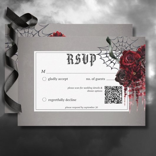 Love & Bones Spooky Rode Bloemige Trouw QR Code RSVP Kaartje