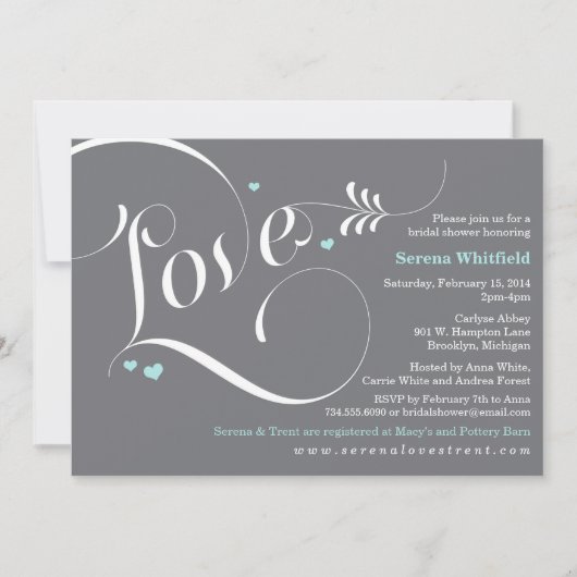 Love Bridal Shower Invitation Blue & Grey Kaart (Voorkant)