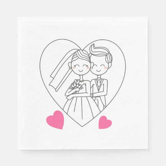 Love Bride and Groom Cartoon Pink Heart Wedding Servetten (Voorkant)