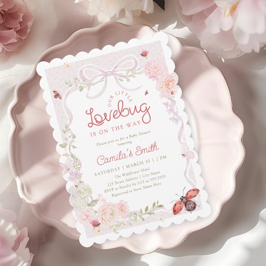 Love Bug Floral Bow Girl Baby Shower Invitation Kaart