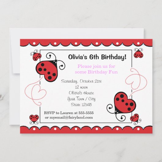 Love Bug Heart Ladybug Birthday Invitations Pink Kaart (Voorkant)