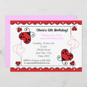 Love Bug Heart Ladybug Birthday Invitations Pink Kaart (Voorkant / Achterkant)