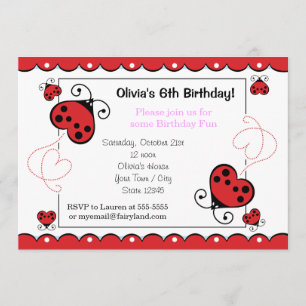 Love Bug Heart Ladybug Birthday Invitations Pink Kaart