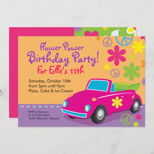Love Bug Hippie Birthday Party Invitations Kaart (Voorkant / Achterkant)