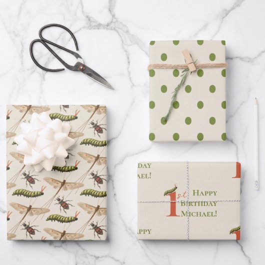 Love Bug Insect Custom Name 1st Birthday Inpakpapier Vel (Voorkant)