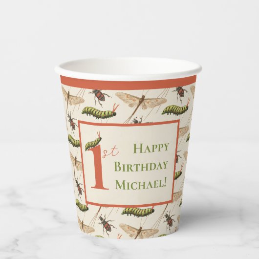 Love Bug Insect Custom Name 1st Birthday Papieren Bekers (Voorkant)