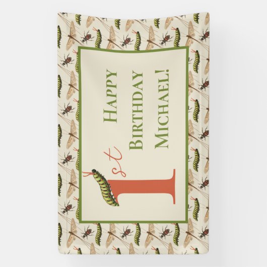 Love Bug Insect Custom Name 1st Birthday Spandoek (Verticaal)
