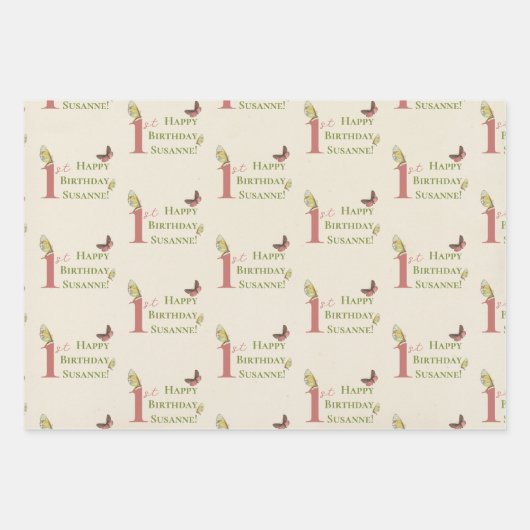 Love Bug Insect Custom Name 1st Birthday Wrapping Inpakpapier Vel (Voorkant 3)