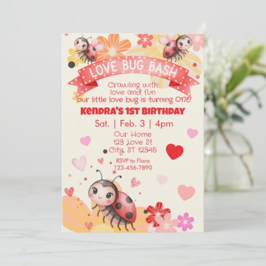Love Bug is One, Love Bug Bash Birthday Kaart (Staand voorkant)