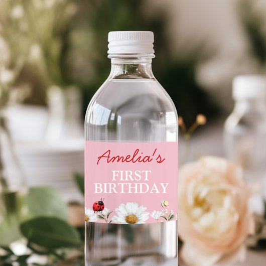 Love Bug Ladybug Daisy Floral Birthday Party Waterfles Etiket