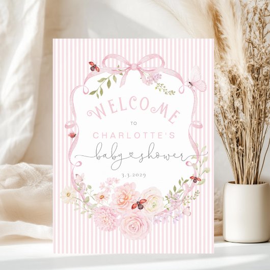 Love Bug Pink Bow Stripes Baby Shower Welcome Foam Poster
