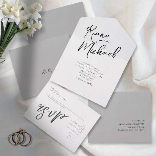 Love Calligraphy Wedding B&W ID940 All In One Uitnodiging