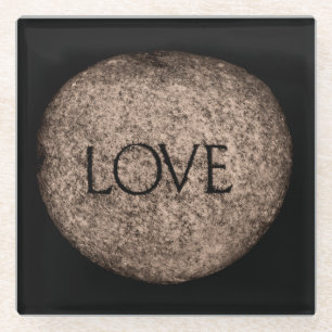 "Love" Carved Stone in Sepia Glazen Onderzetter