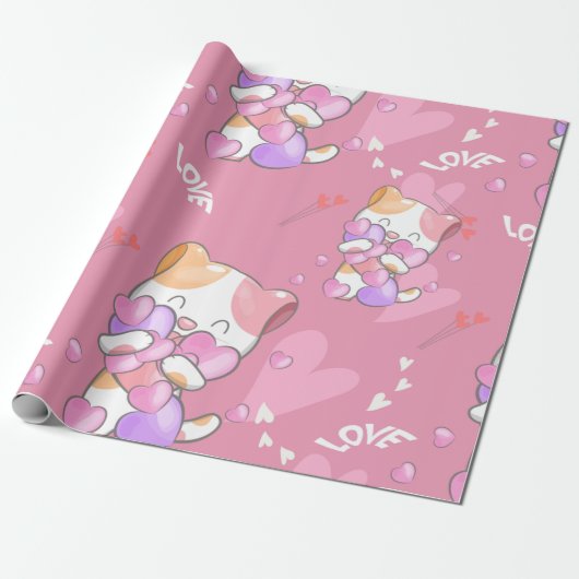 Love Cat Pattern Colorful Pets Animals Cadeaupapier (Uitgerold)