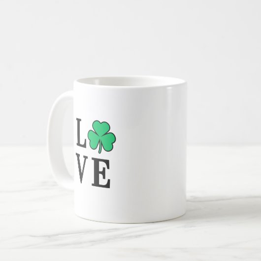 LOVE Clover Shamrock Ireland St Patrick text based Koffiemok (Voorkant links)