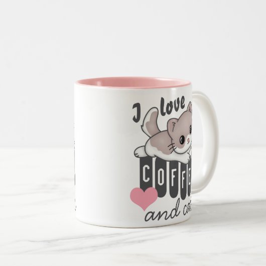 Love Coffee en Cats Cute Tweekleurige Koffiemok (Voorkant rechts)
