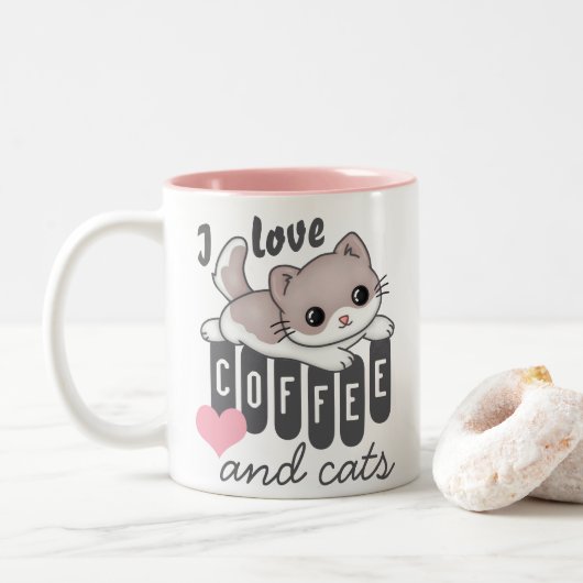 Love Coffee en Cats Cute Tweekleurige Koffiemok (Met donut)