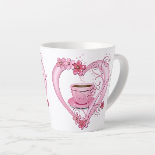 Love Coffee Pink Flowers Heart Latte Mok (Rechterhoek)