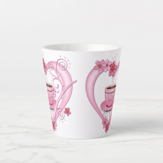 Love Coffee Pink Flowers Heart Latte Mok (Voorkant)