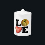 LOVE Collectie Hart Potato Teapot Theepot<br><div class="desc">Grafische kunst voor vegetariërs en meer met witte achtergrond op witte keramische theepot. Matching serijlade,  mok,  shirt en nog veel meer...  Vergeet het hele collectie niet met hartaardappel,  appel en grote zwarte letters.</div>