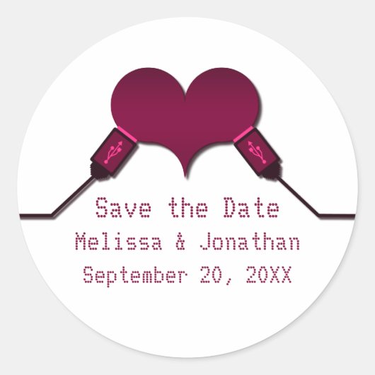 Love Connection USB Save the Date Stickers, Fuchsi Ronde Sticker (Voorkant)