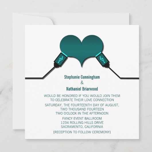 Love Connection USB Wedding Invitation, Blauwgroen Kaart (Voorkant)