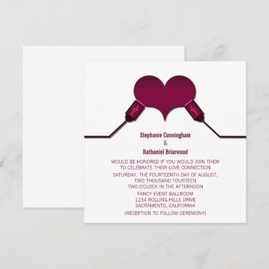 Love Connection USB Wedding Invitation, Fuchsia Kaart (Voorkant / Achterkant)