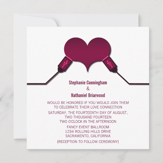 Love Connection USB Wedding Invitation, Fuchsia Kaart (Voorkant)